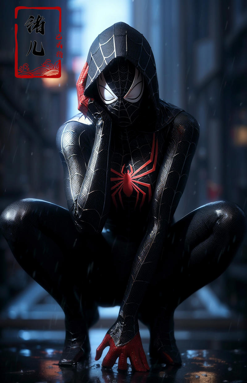 606247209521969418-4046320208-rain, blurry, depth_of_field, squatting, blurry_background, spider_web_print, solo, hood, night, city, spider_web，_blury backgro.jpg